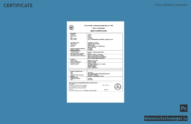 Australische Sterbeurkunde aus Südaustralien im Word-Format – Beispielvorschau